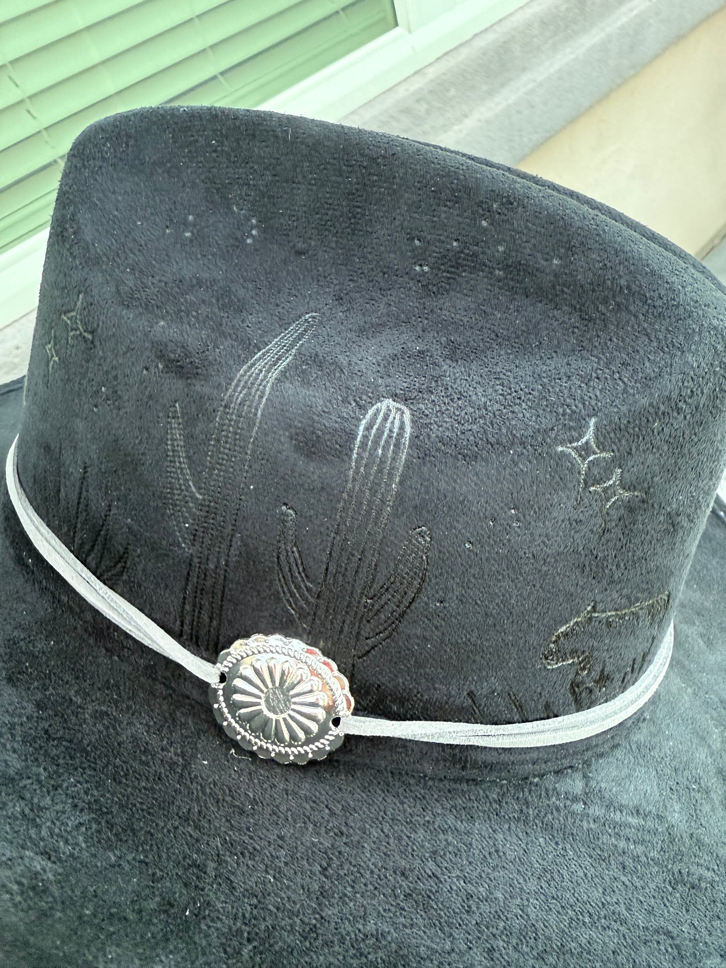 Black cow hide fabric lined burned suede wide brim  cowboy hat