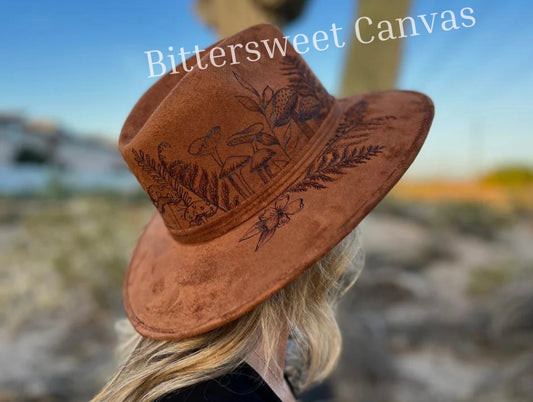 Mushroom fern tobacco burned suede wide brim rancher hat