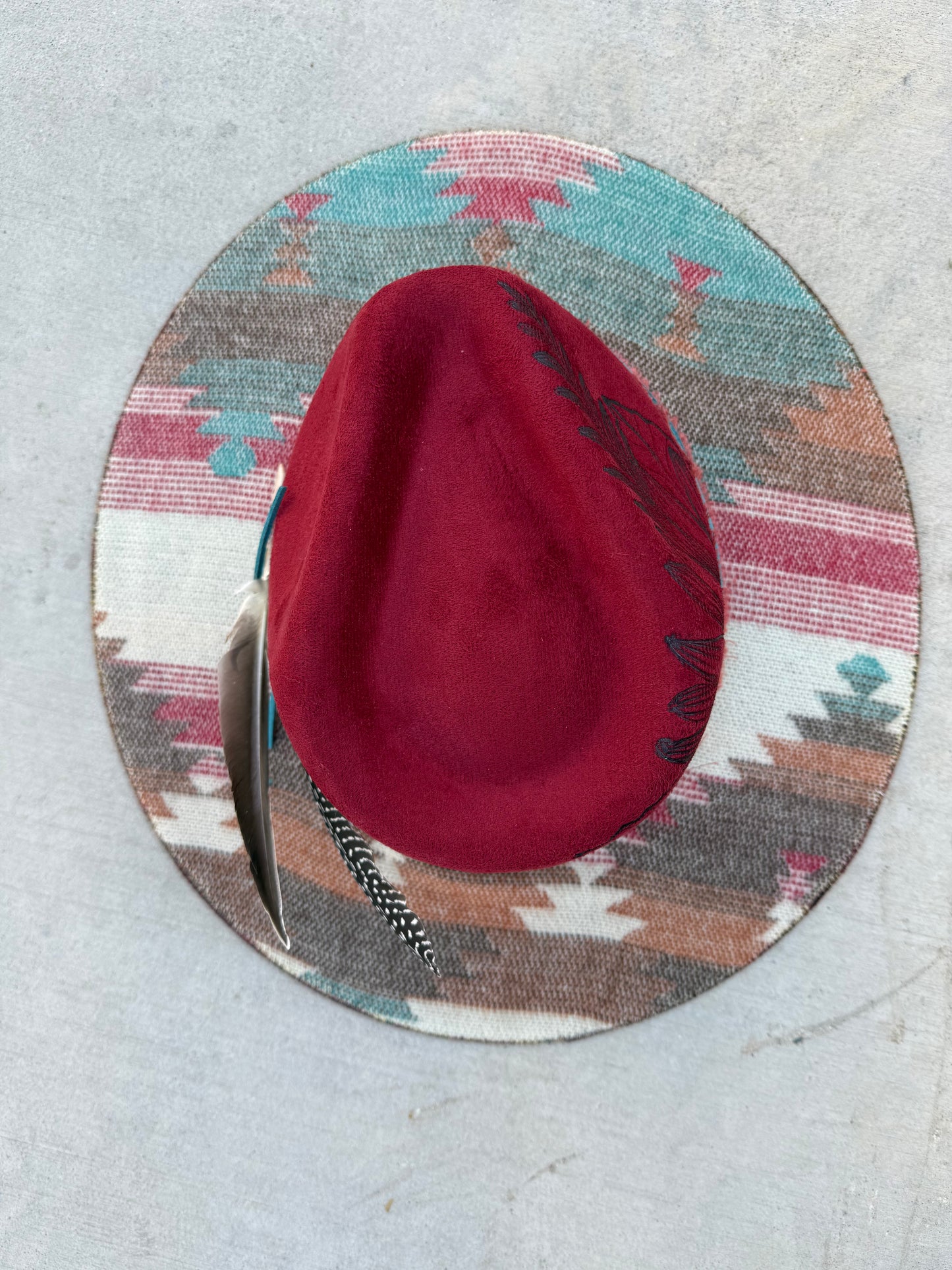 Maroon tribal aztec suede wide brim rancher hat