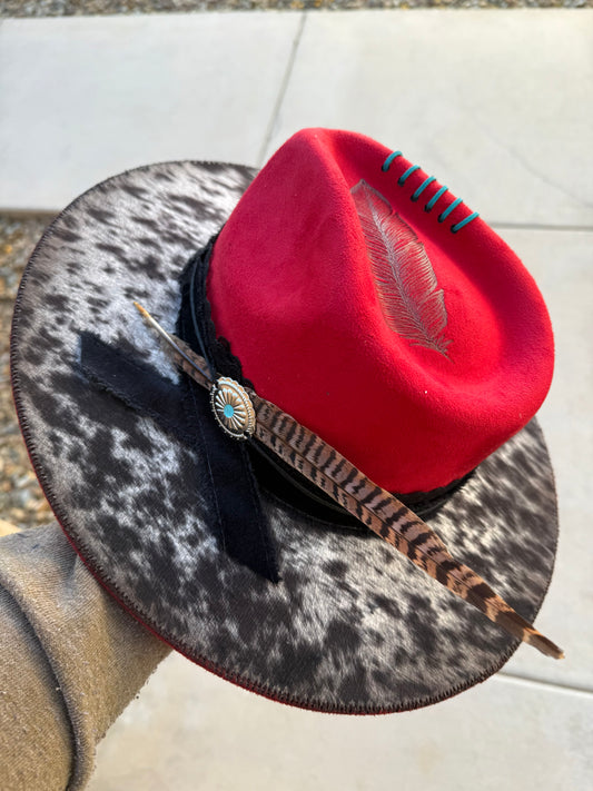 Red cowhide burned fabric lined felt wide brim rancher hat