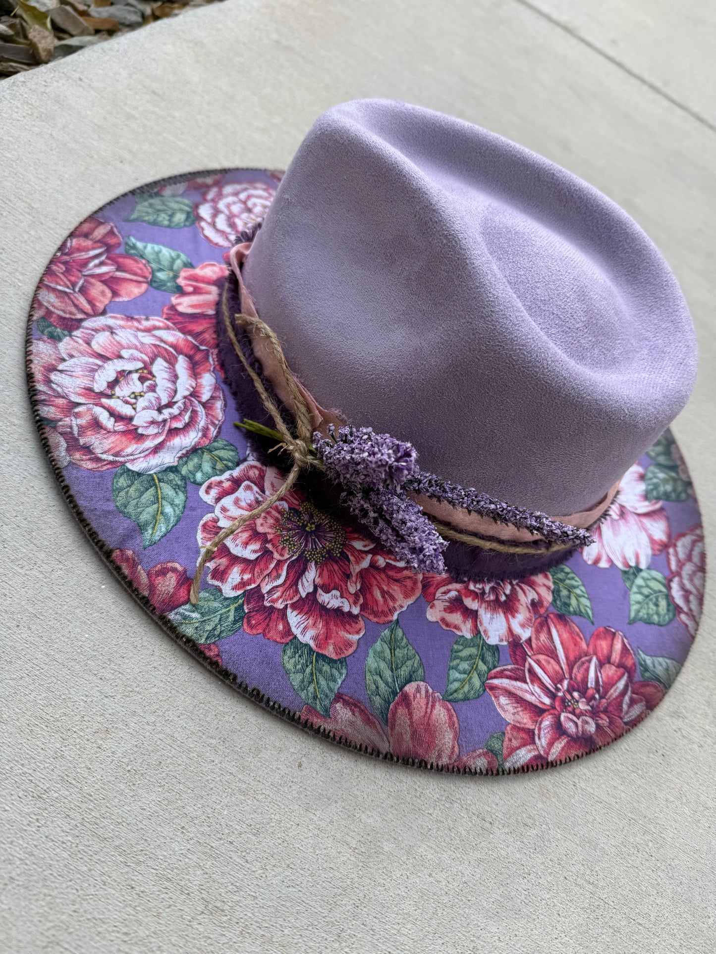 Lavender floral suede wide brim rancher hat