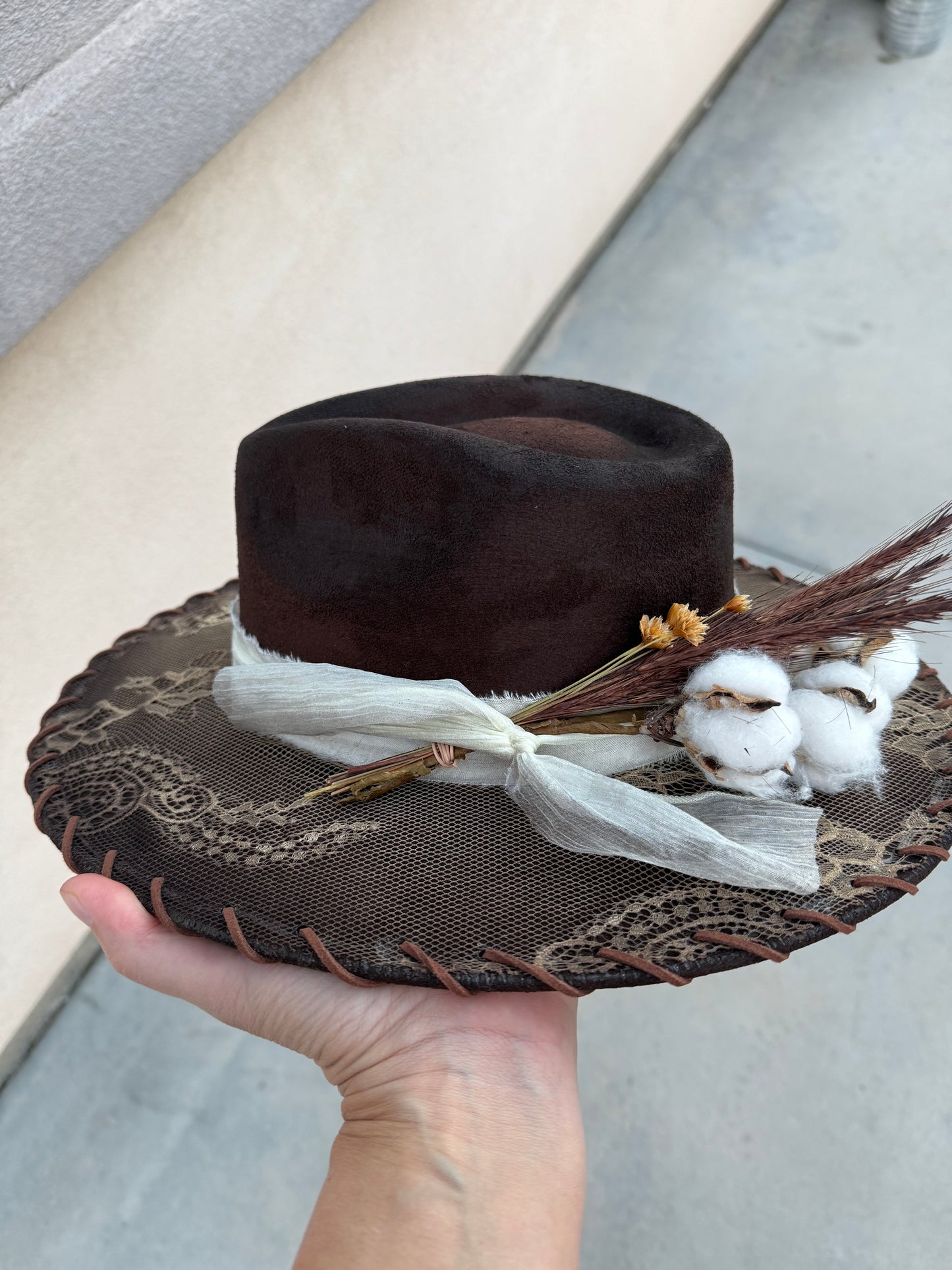 Brown lace overlay suede wide brim rancher hat