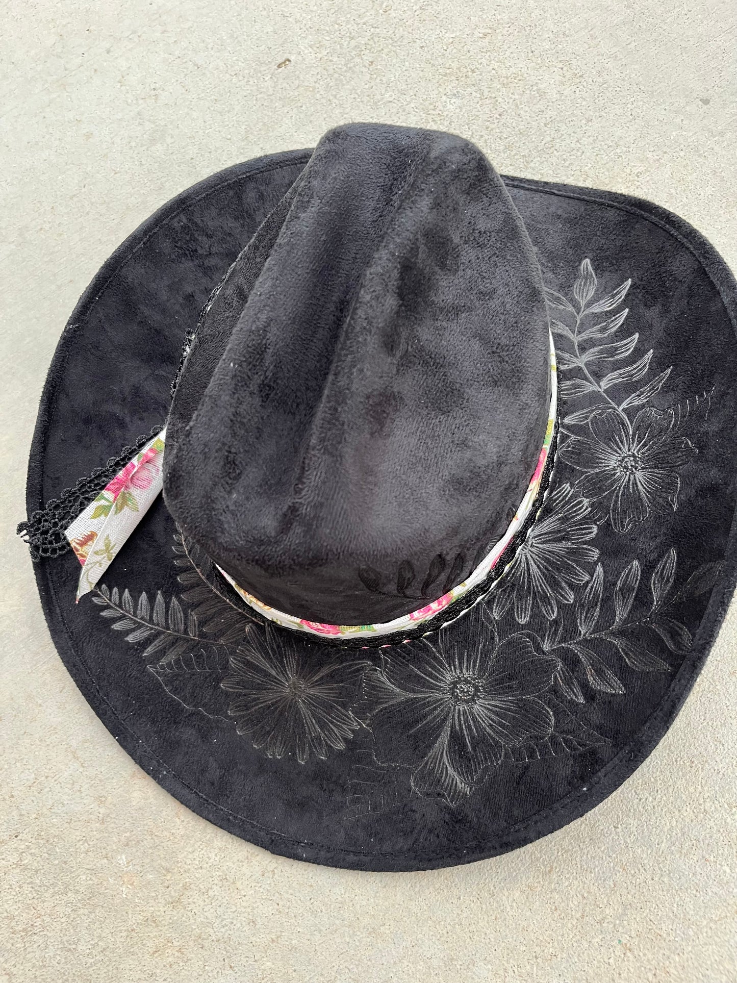 Black floral cow hide fabric lined burned suede wide brim  hat