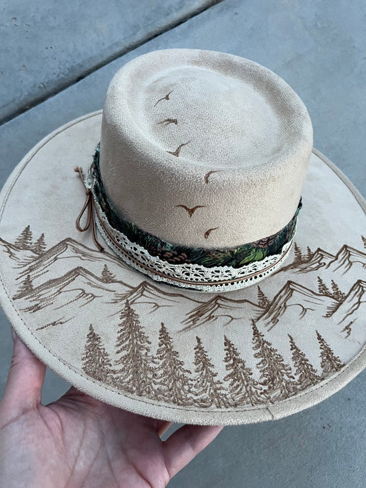 Beige pine cone tree mountain burned accessorized suede wide brim rancher hat