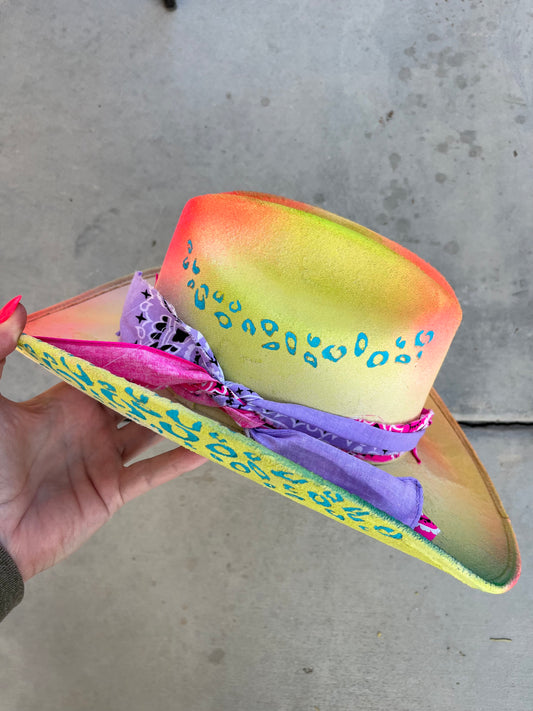 Neon leopard cowboy burned suede wide brim cowboy hat