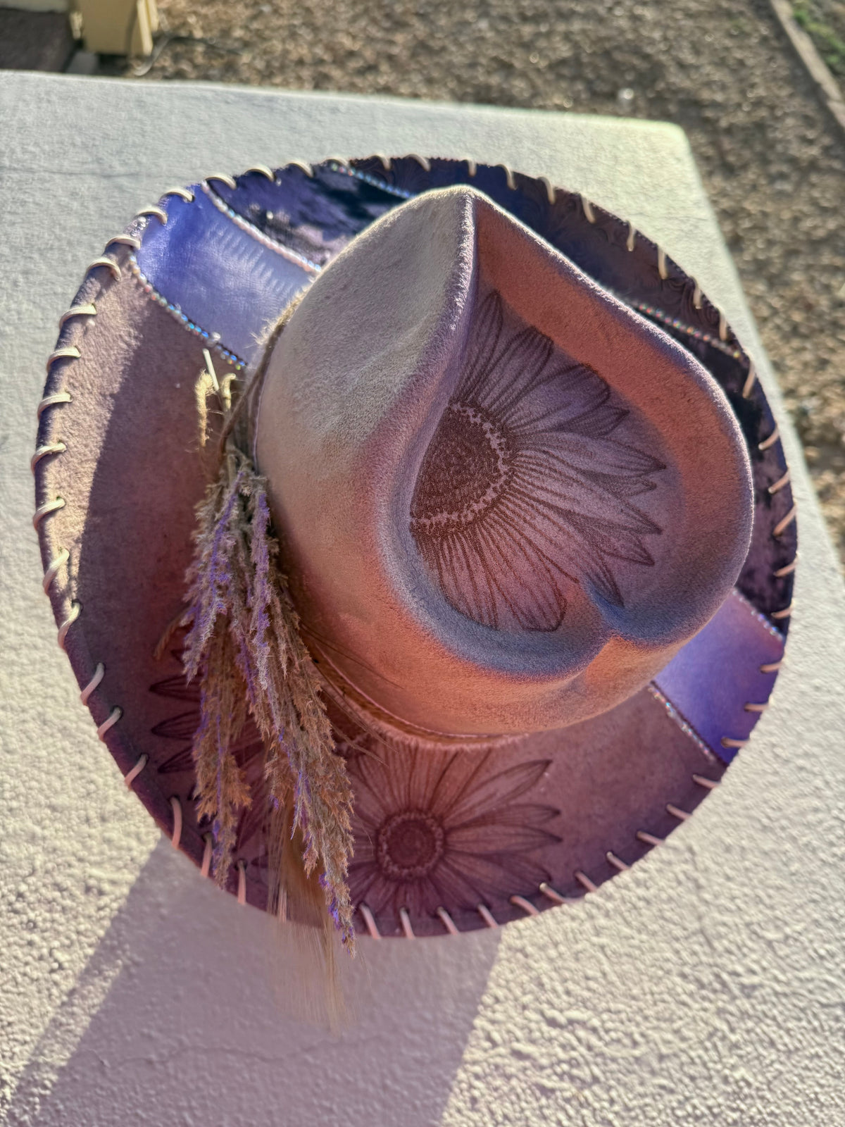 Lavender cow  tooled leather heart corazon burned suede wide brim rancher hat