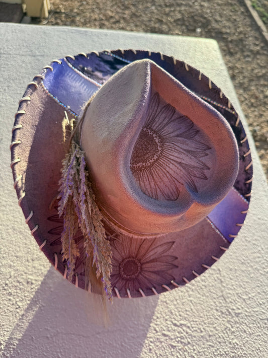 Lavender cow  tooled leather heart corazon burned suede wide brim rancher hat