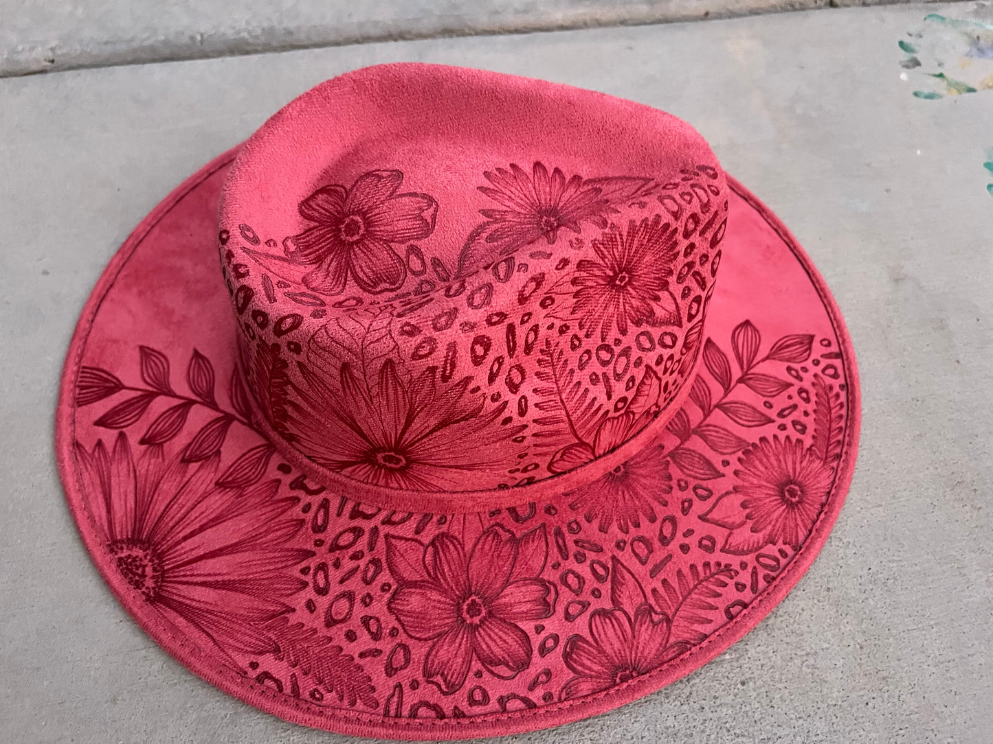 Floral leopard split dusty rose pink burned suede wide brim rancher hat