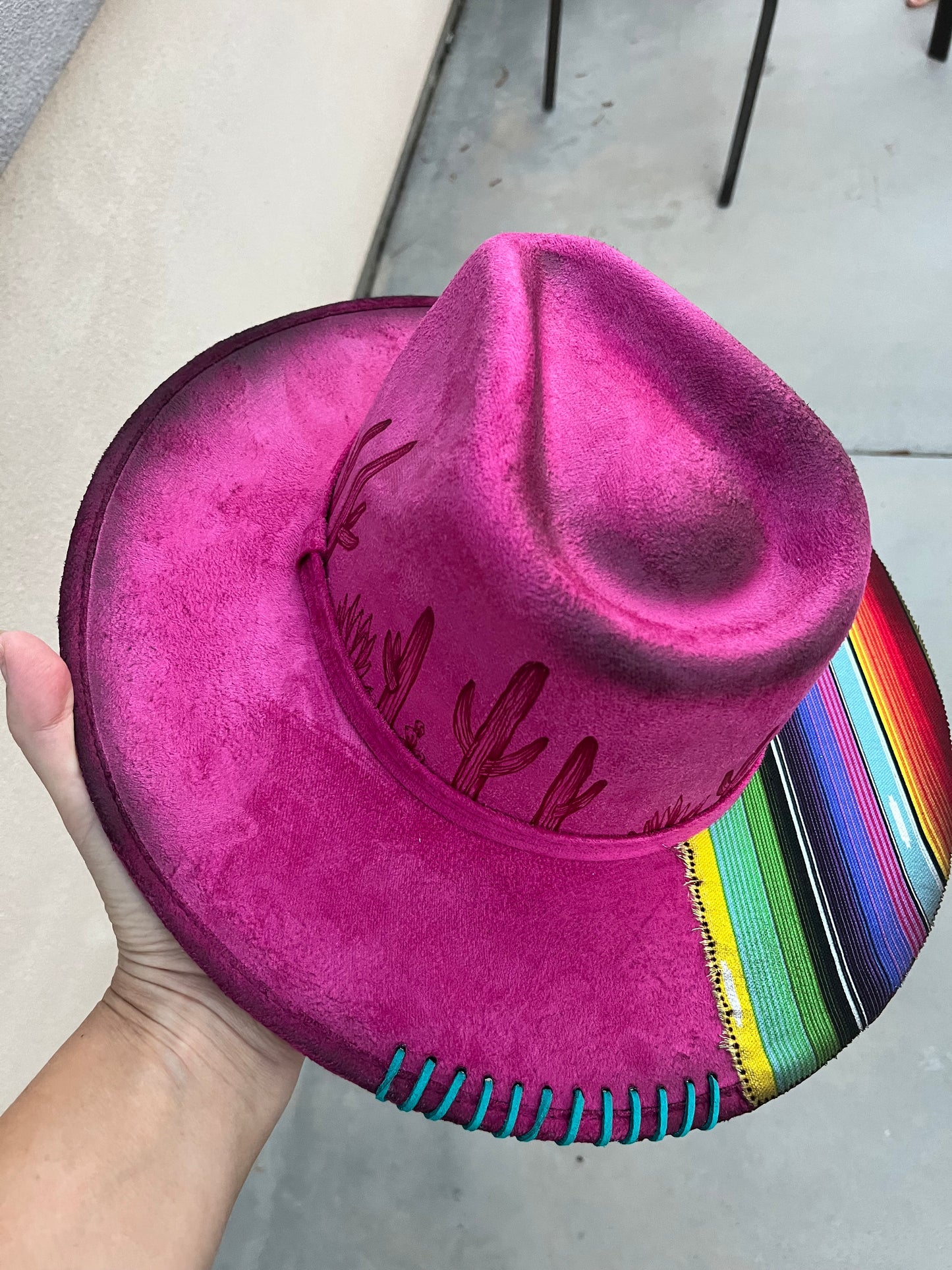 Fuschia serape cactus suede wide brim rancher hat