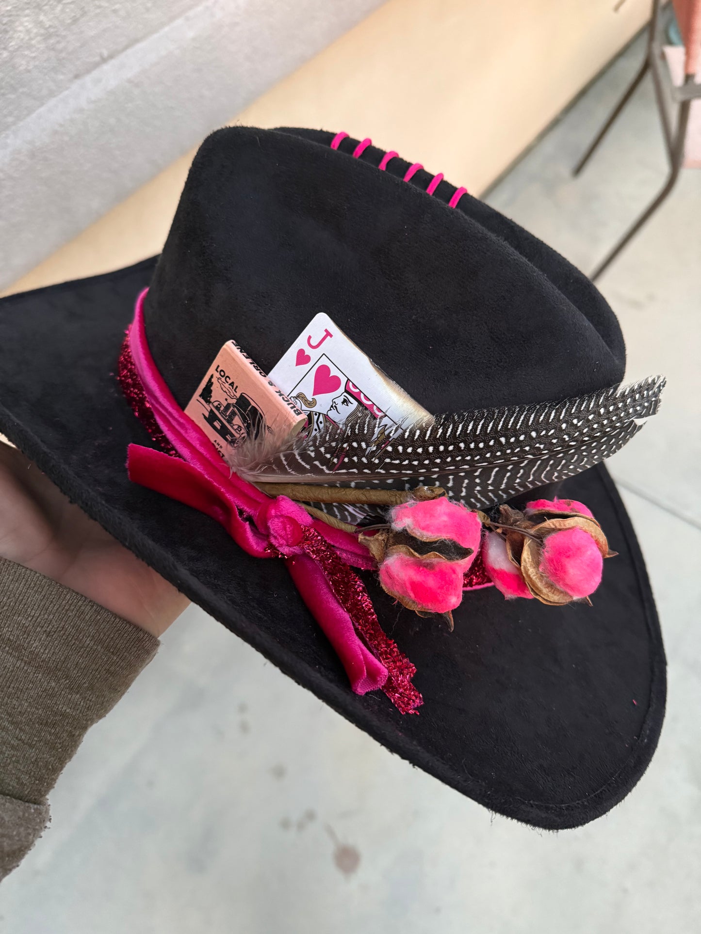 Black floral bless your heart burned suede wide brim rancher hat