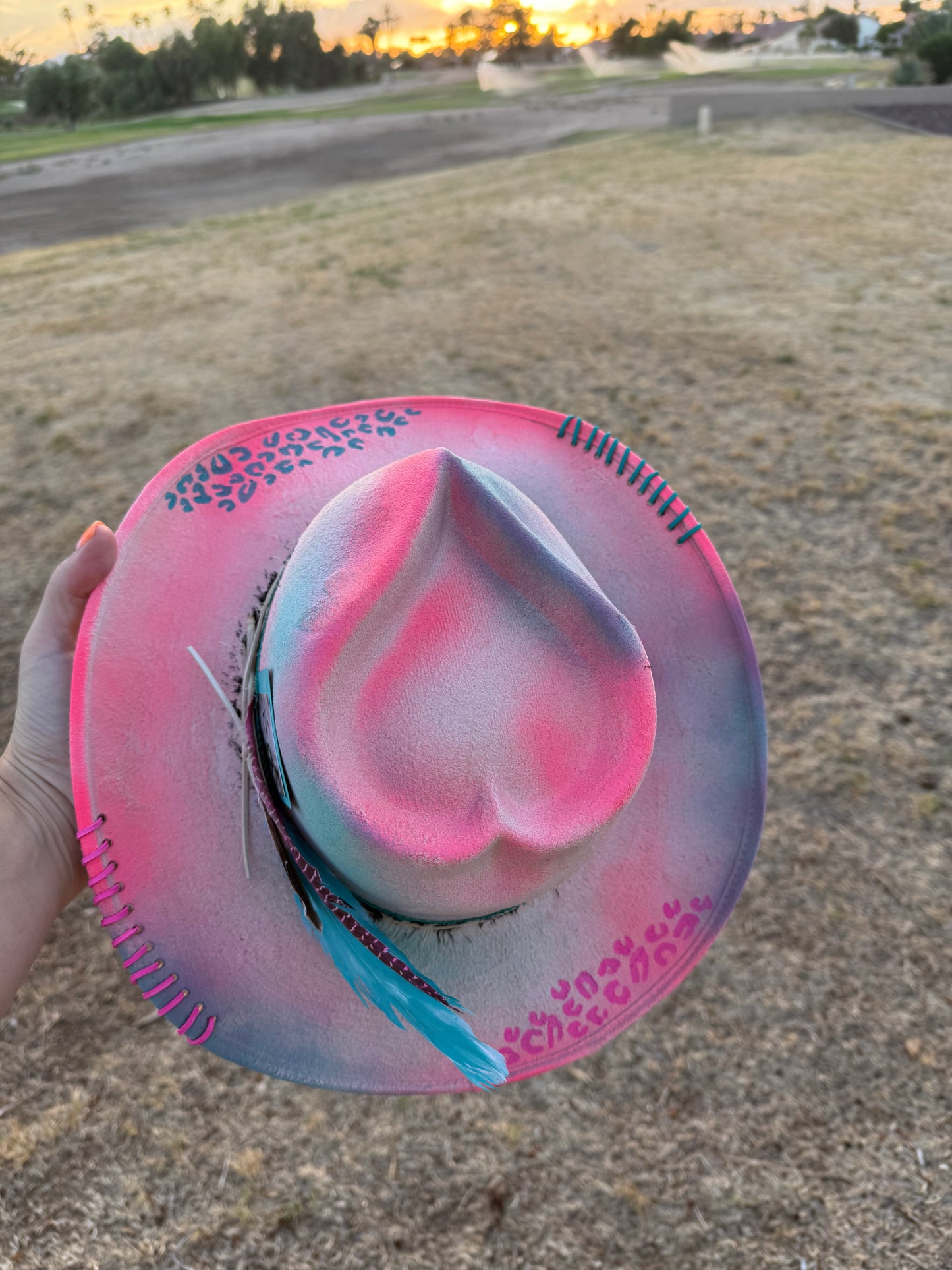 Pink blue heart corazon dolly  burned suede wide brim rancher hat