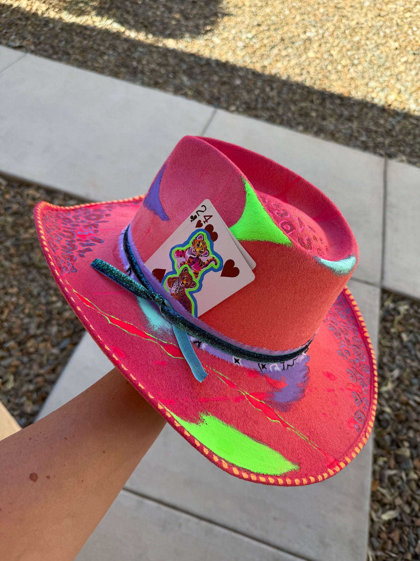 Neon coral leopard hat brown felt wide brim rancher hat