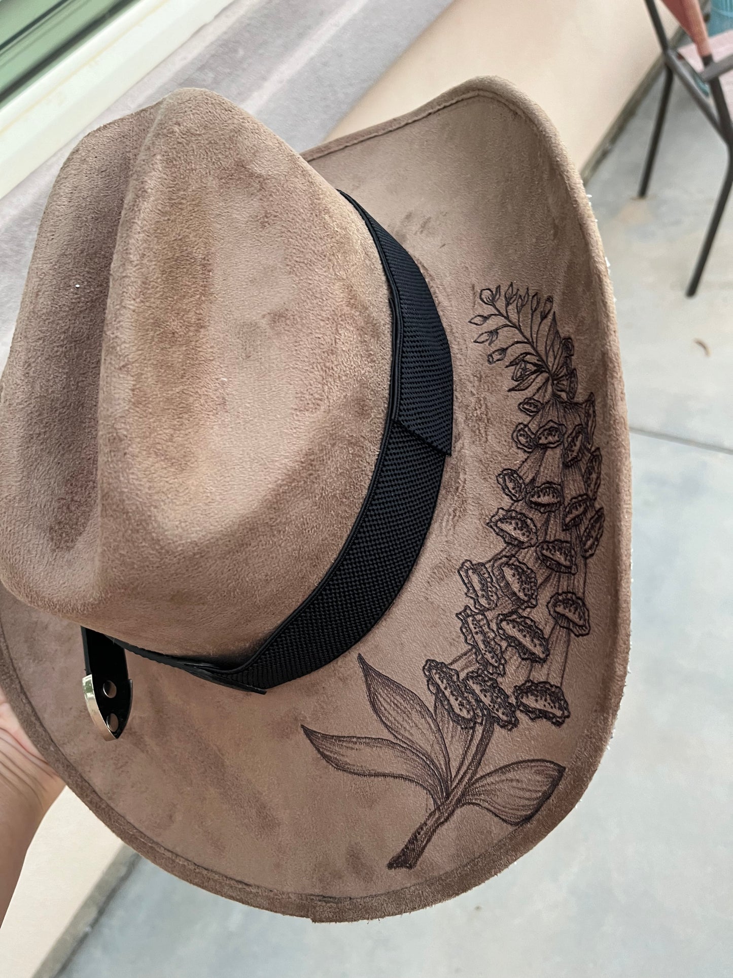 Taupe foxglove floral fabric lined burned suede wide brim cowboy  hat