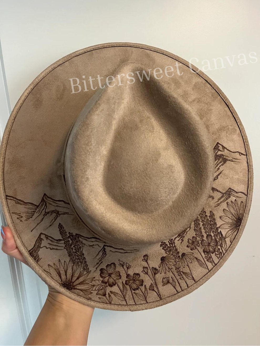 Mountain wildflower taupe burned suede wide brim rancher hat