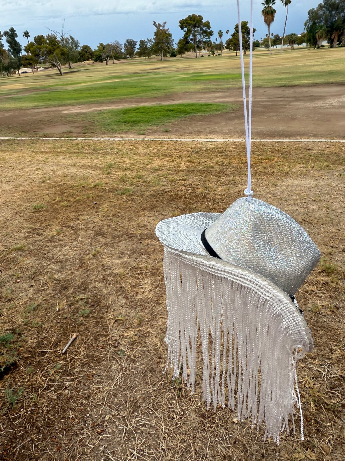 Silver glitter fringe hat rearview mirror charm