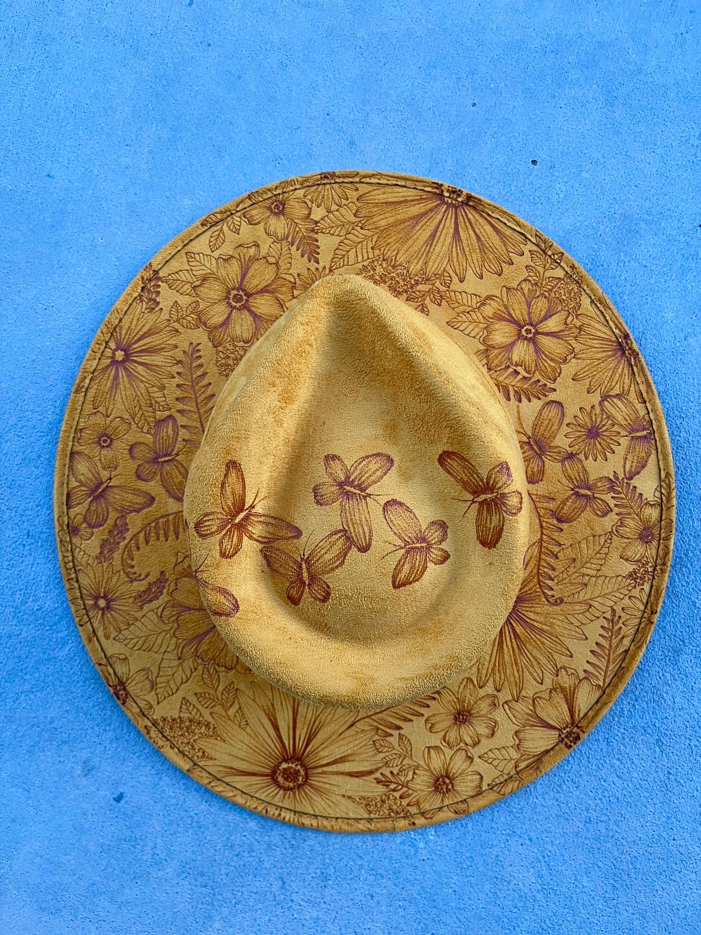Mustard yellow butterfly full floral burned suede wide brim rancher hat