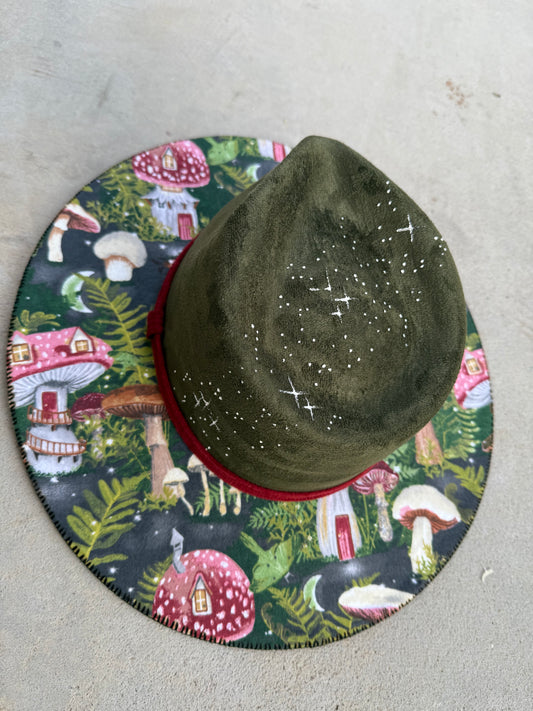 Olive green mushroom houses burned suede wide brim rancher hat