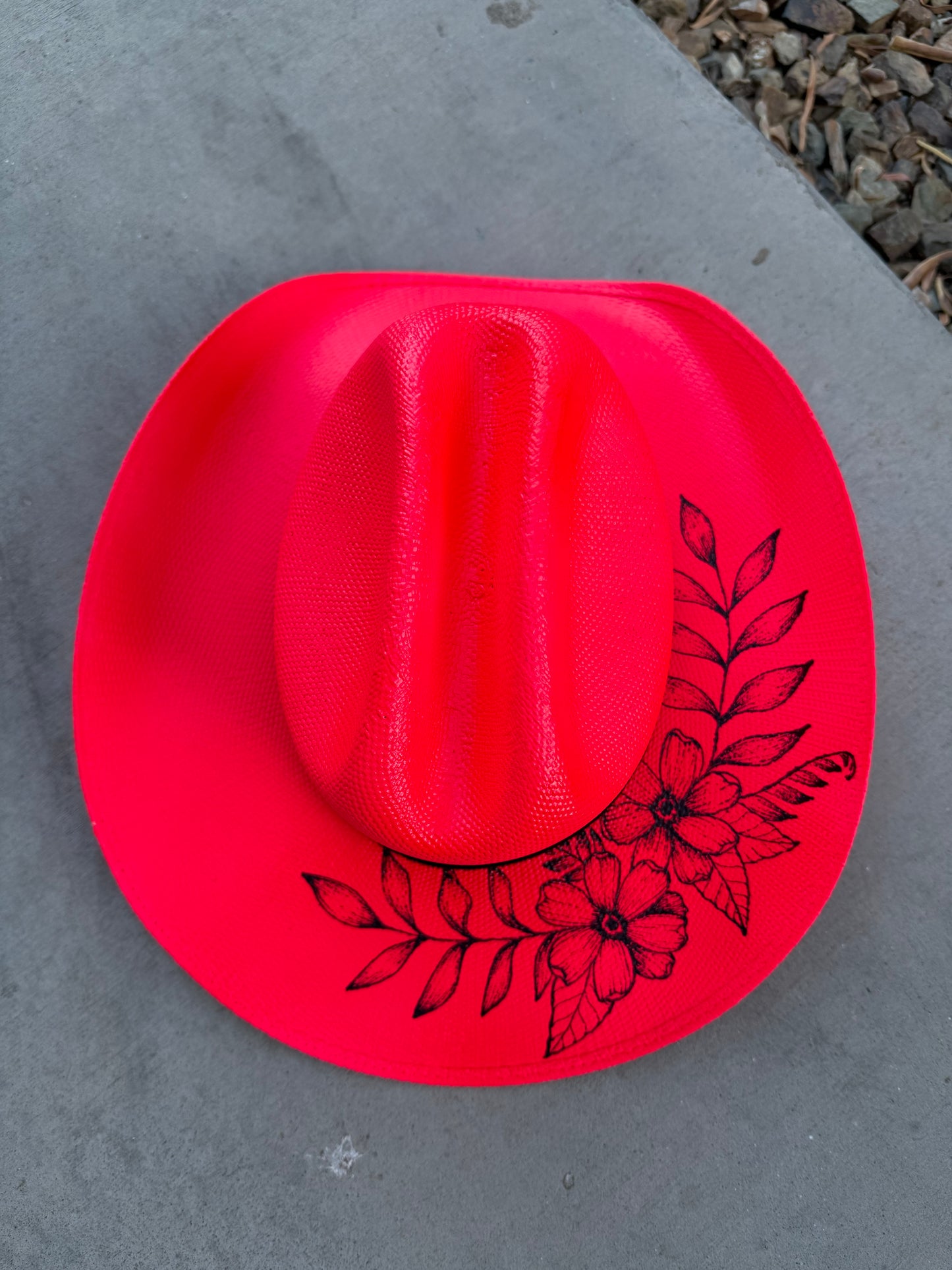 Hot pink floral straw wide brim cowboy hat