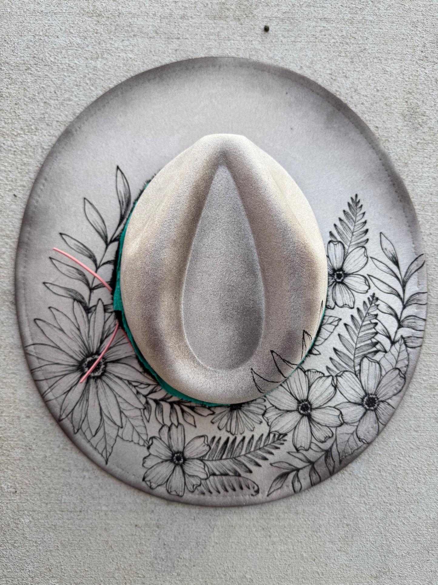 Ivory floral black suede wide brim rancher hat