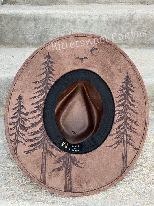 Brown tree forest burned suede wide brim rancher hat