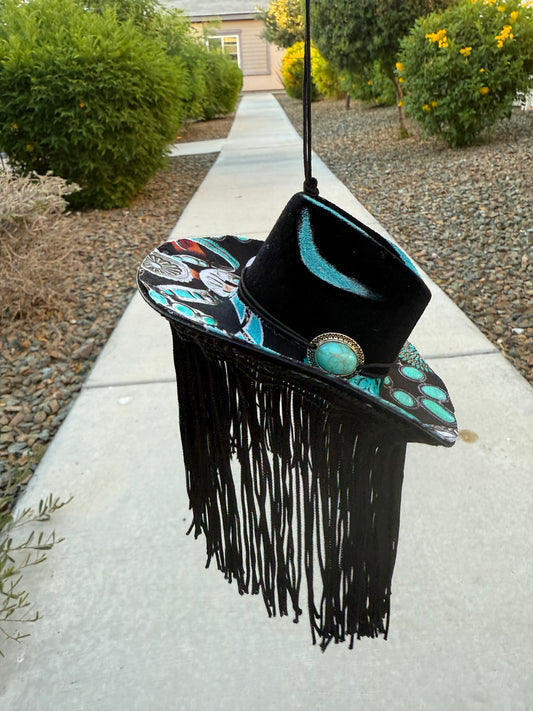 Black turquoise fringe hat rearview mirror charm