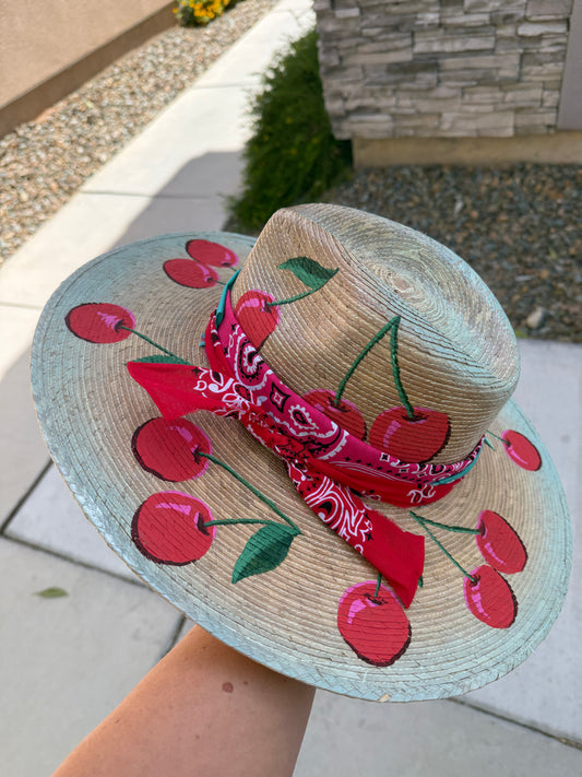 Cherry palm leaf beach straw wide brim rancher hat