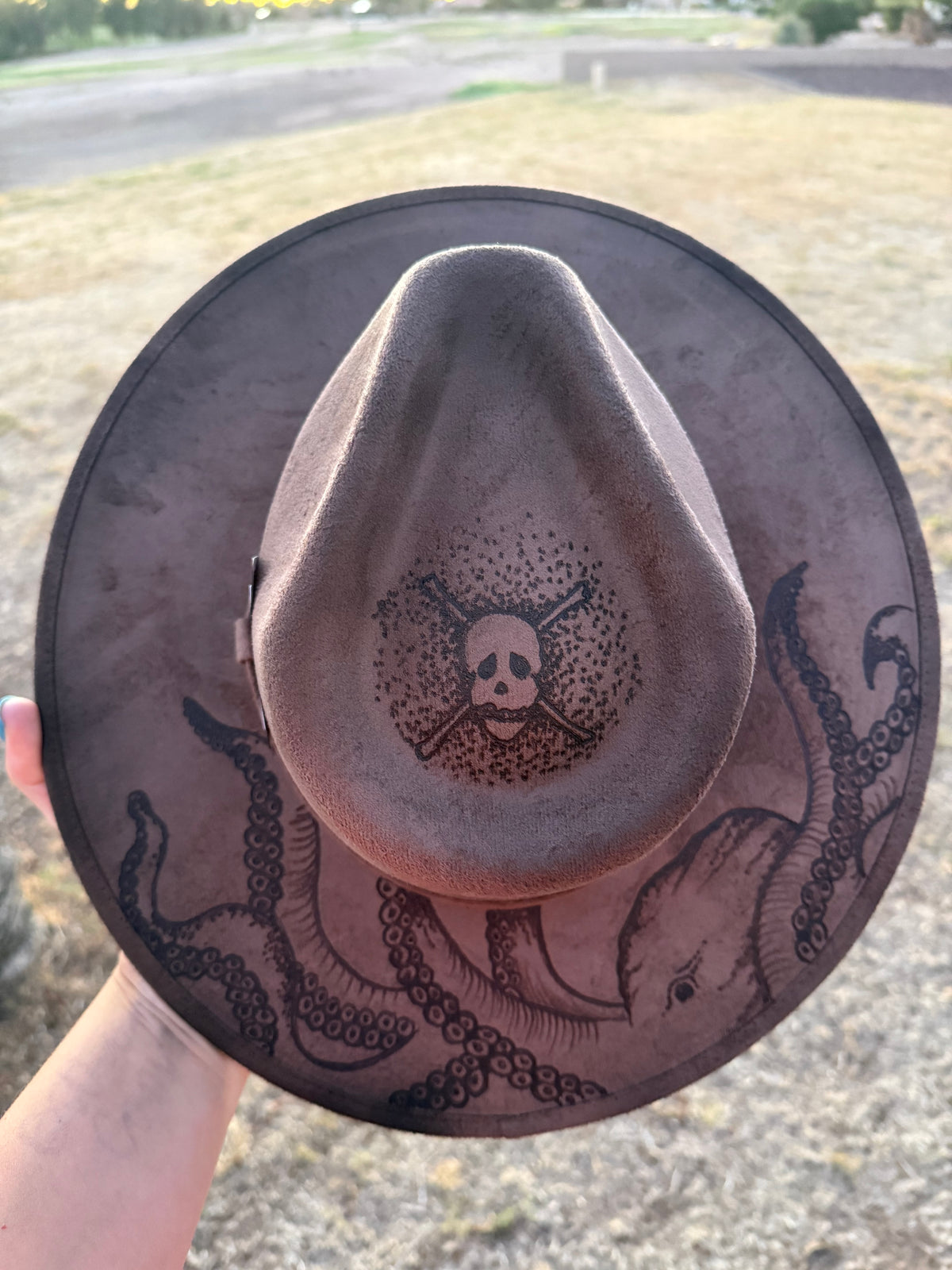 Kraken octopus pirate brown suede wide brim rancher hat