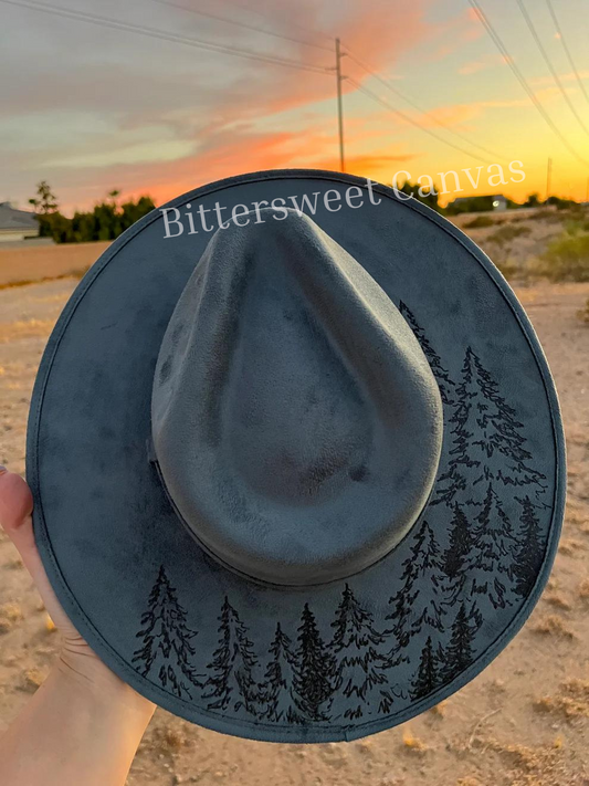 Steel blue tree burned suede wide brim rancher hat