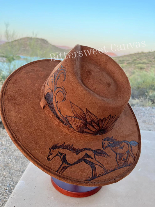 Wild horses burned tobacco suede wide brim rancher hat