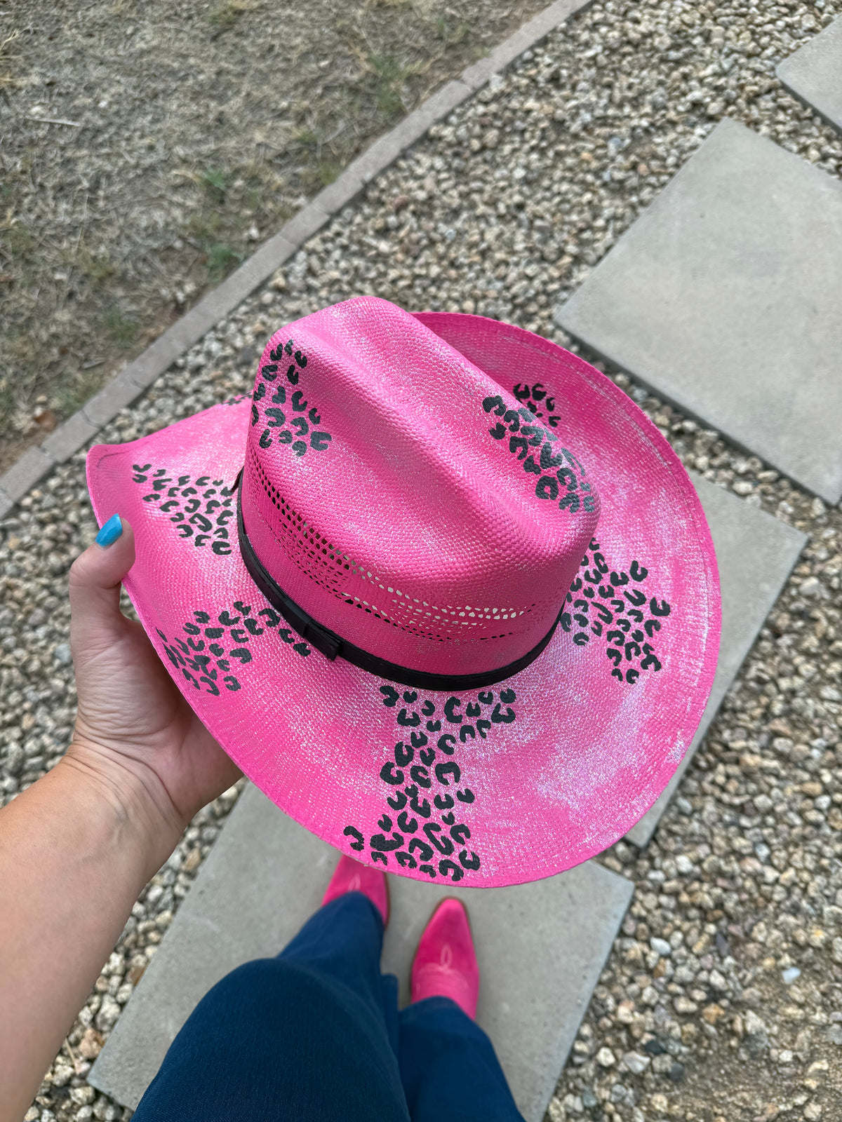 Pink leopard glitter straw wide brim cowboy hat