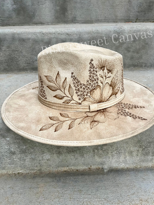 Floral crown beige burned suede wide brim rancher hat