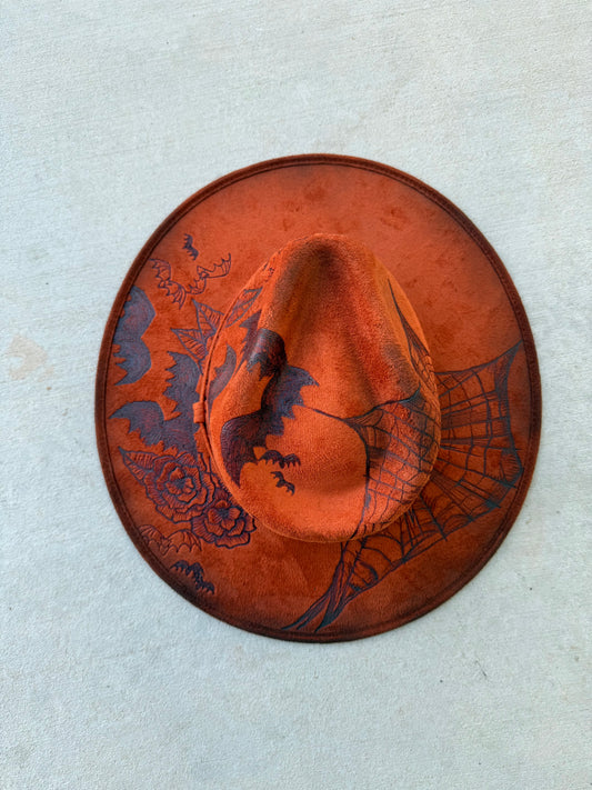 Orange spooky bats witchy floral suede wide brim cowboy hat