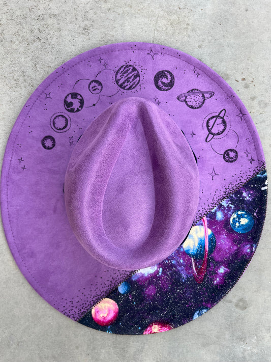 Purple galaxy space burned suede wide brim rancher hat