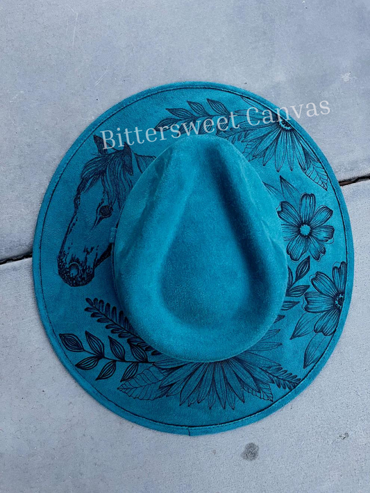 Horse floral blue teal burned suede wide brim rancher hat