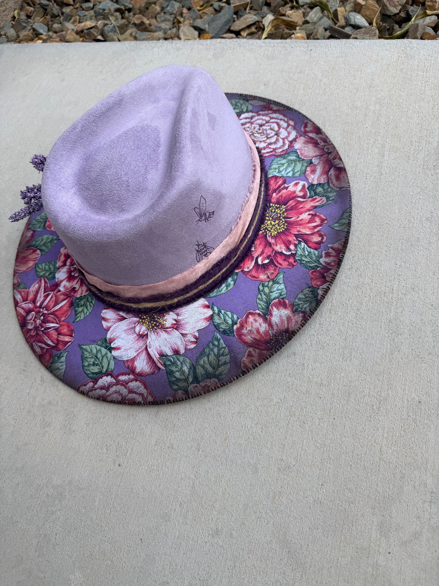 Lavender floral suede wide brim rancher hat