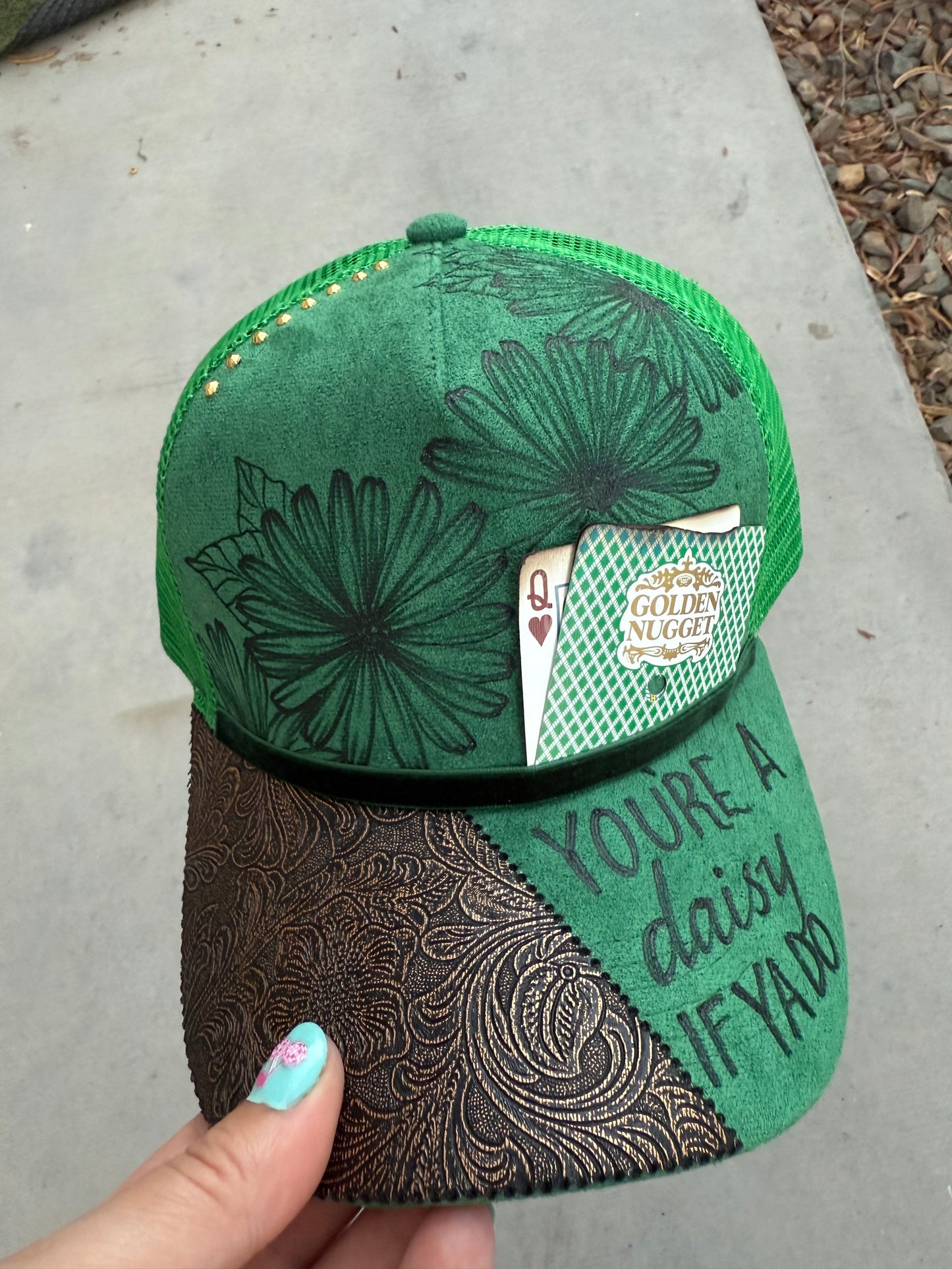 Green daisy tooled leather ball cap trucker hat custom snapback