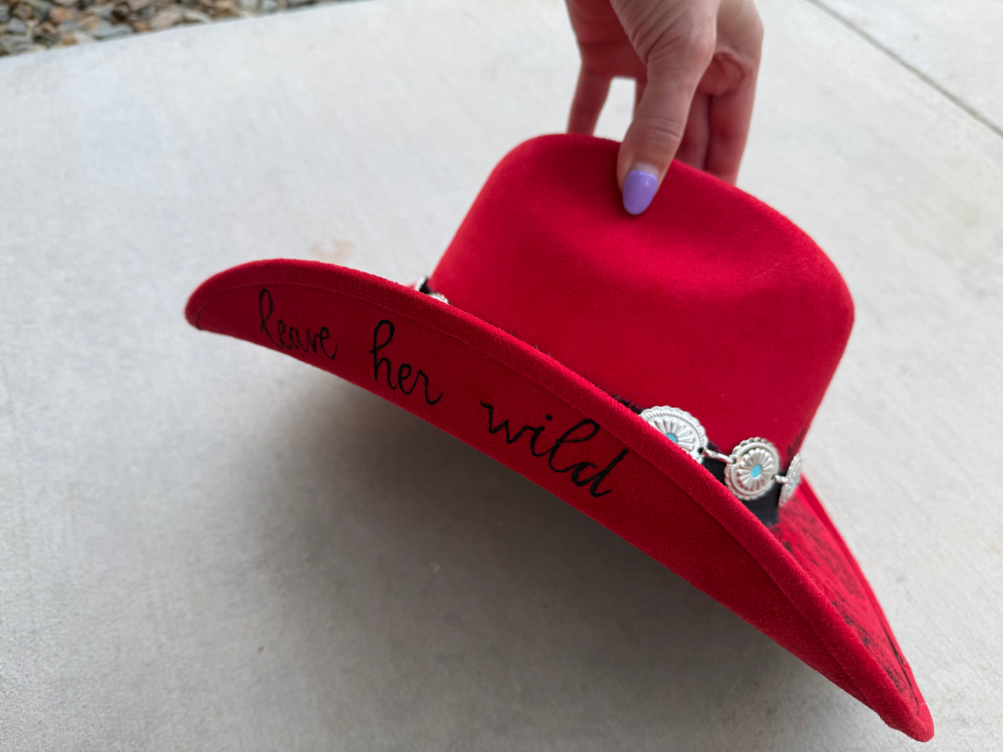 Red floral burned suede wide brim cowboy hat