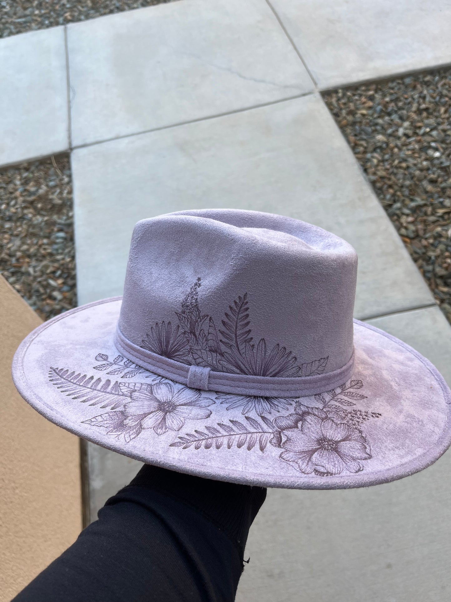 Lavender full floral brim burned suede wide brim rancher hat