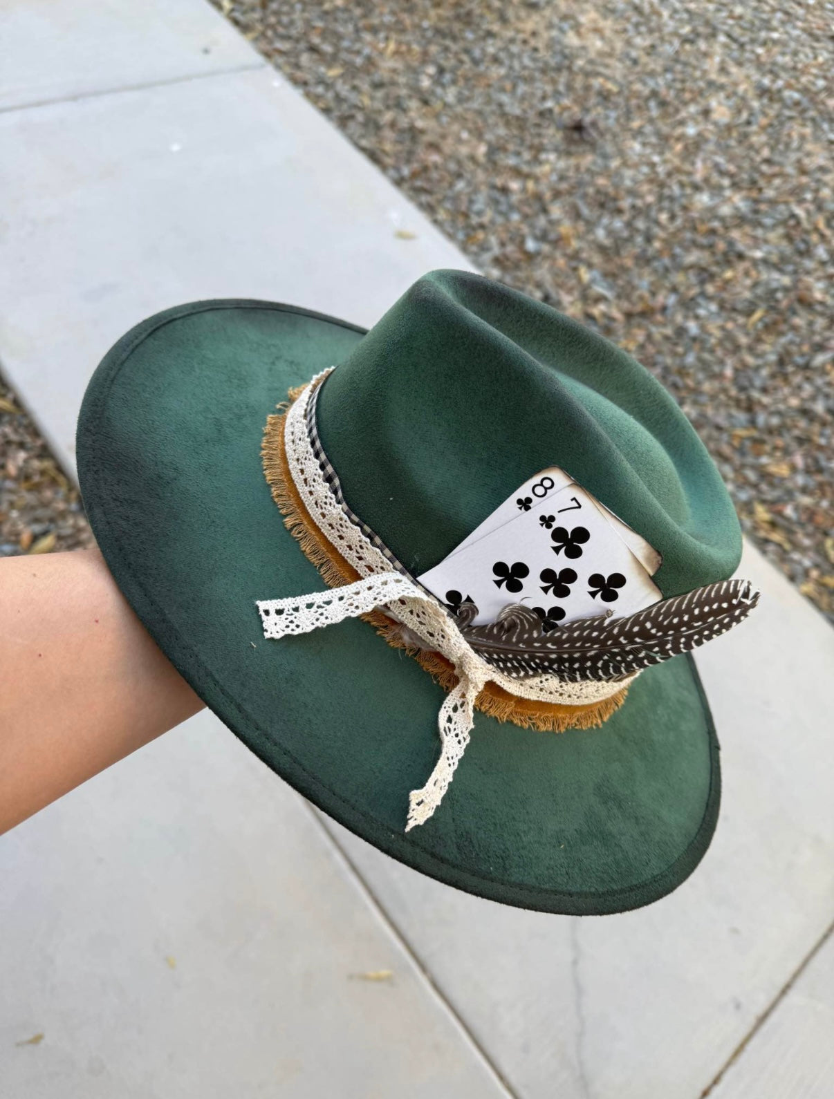 Green burned suede wide brim rancher hat