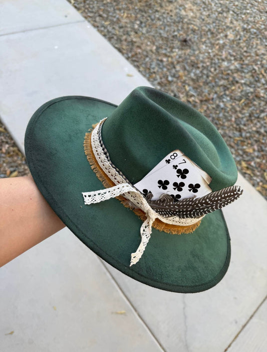 Green burned suede wide brim rancher hat