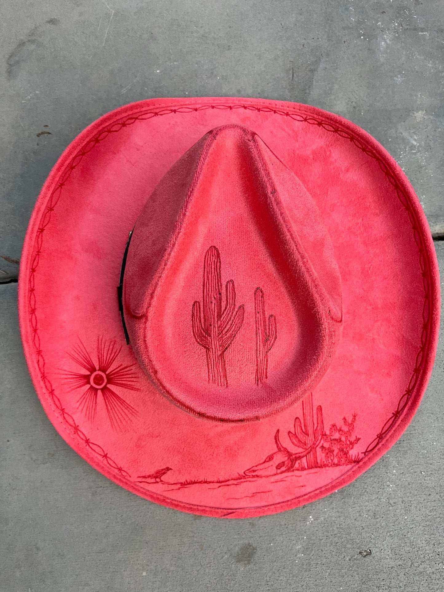 Coral cactus desert cowboy burned fabric lined felt wide brim rancher hat
