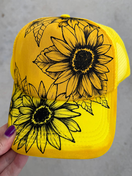 Yellow sunflower floral foam trucker hat custom snapback