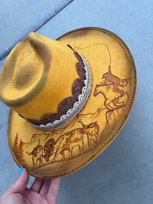 Yellow longhorn cowboy cow  burned suede wide brim rancher hat