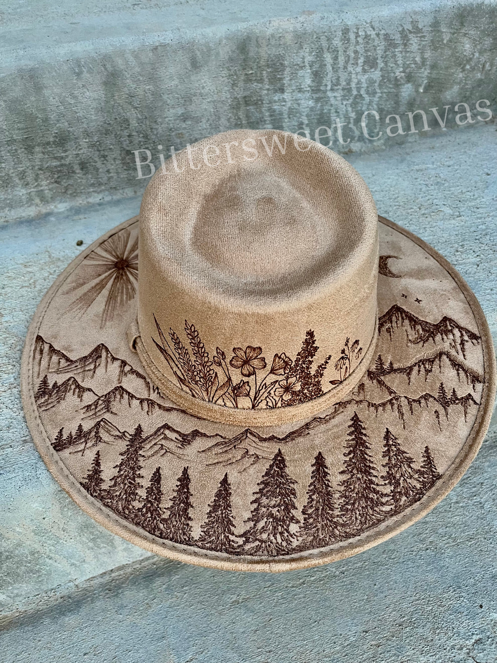 Mountain tree burned tan suede wide brim rancher hat  display picture 2