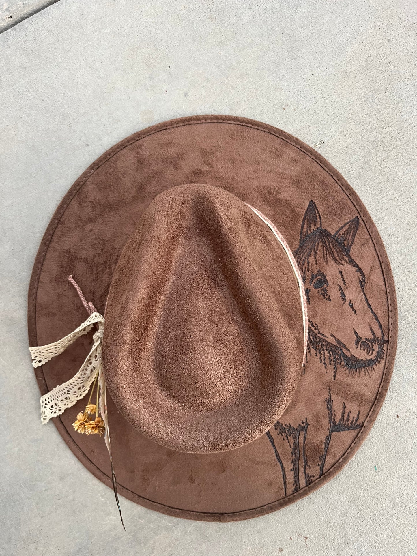 Brown distressed horses burned accessorized fabric lined suede wide brim rancher hat