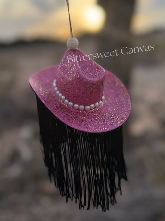 Pink glitter fringe hat rearview mirror charm