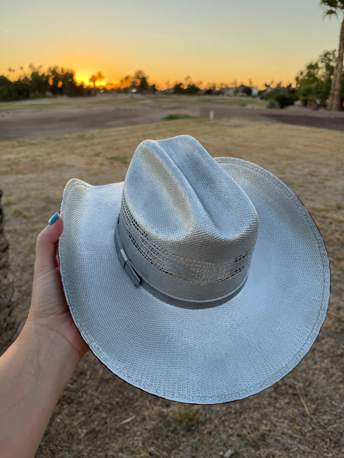 Silver maroon shimmer straw wide brim cowboy hat