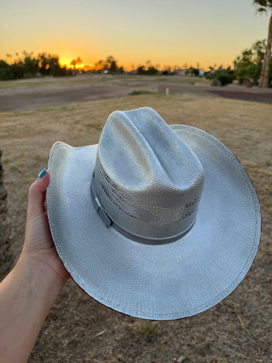 Silver maroon shimmer straw wide brim cowboy hat