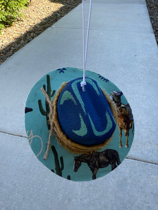 Blue teal desert cowboy hat rearview mirror charm