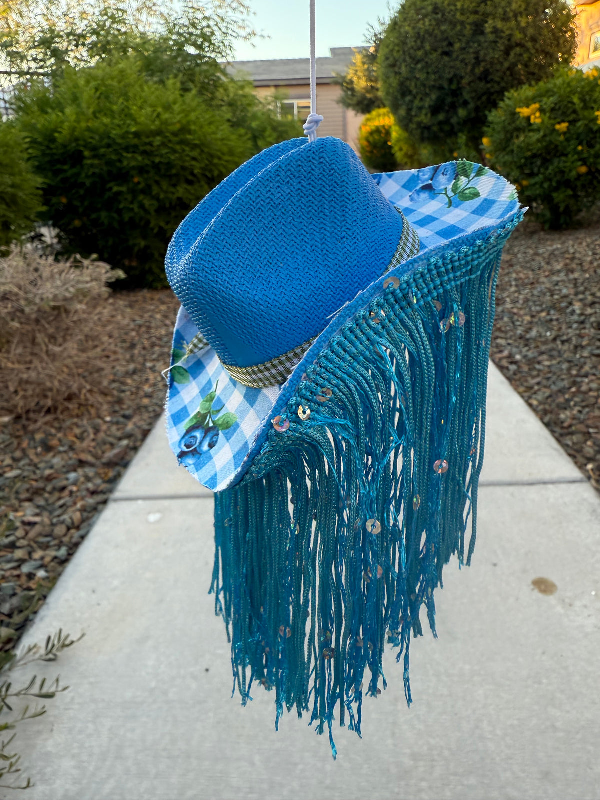 Blueberry gingham fringe hat rearview mirror charm